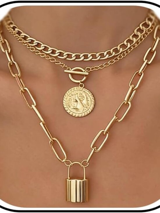 Jewelry - Vintage Gold Layered Necklaces for Women Trendy, Chunky Cuban Link Paperclip Cha